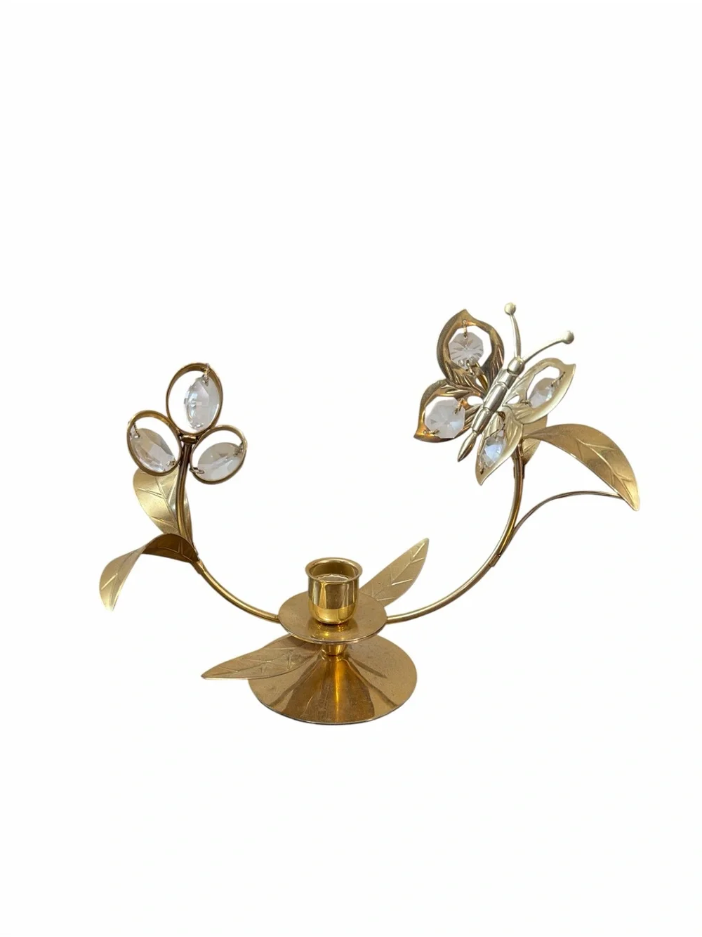 Gold Tone Butterfly Crystal Flower Taper Candle Holder Hollywood Regency Decor